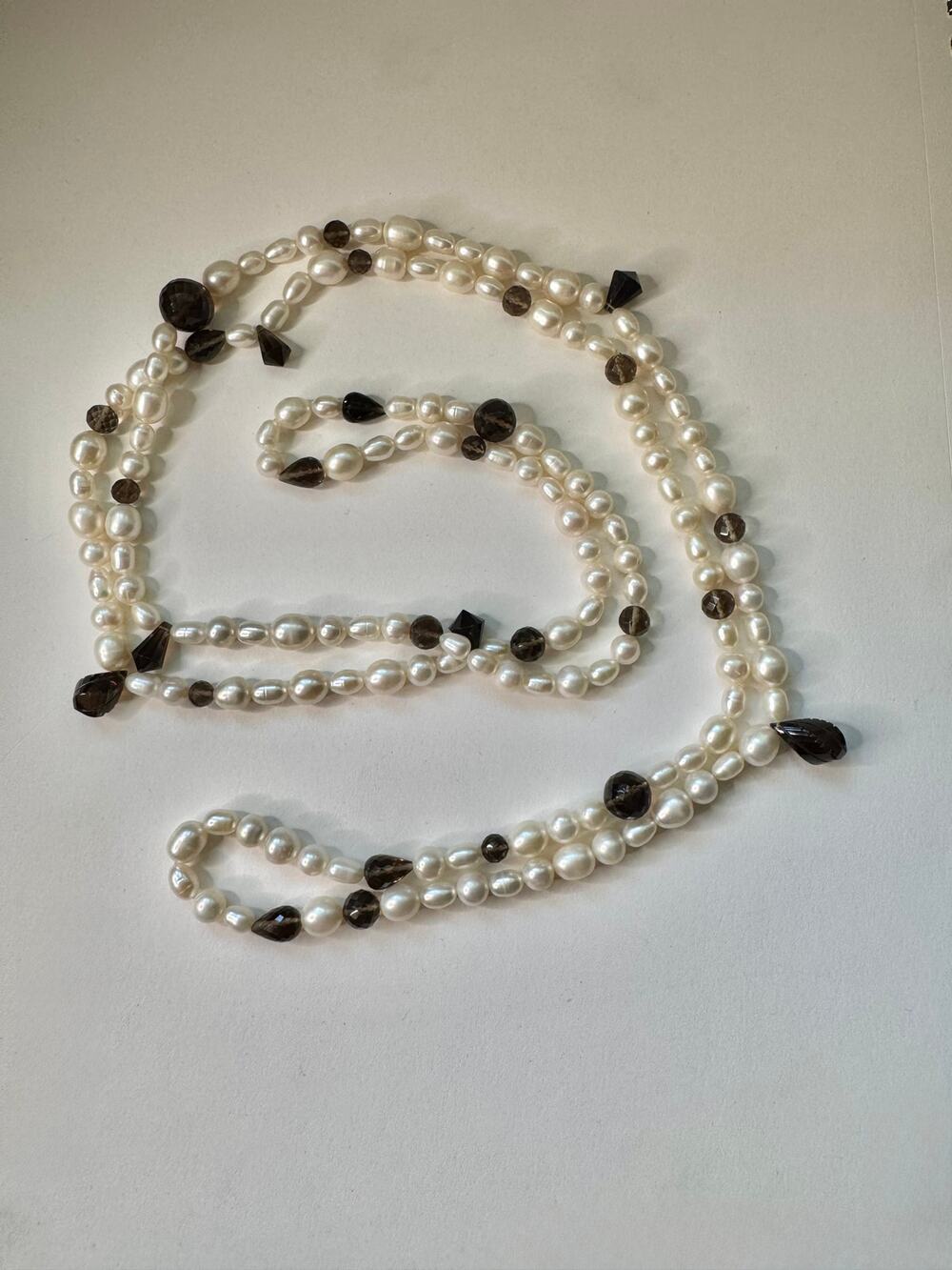 Smokey Quartz Freshwater Pearl Flapper Length Necklace 58 inch or 148cm